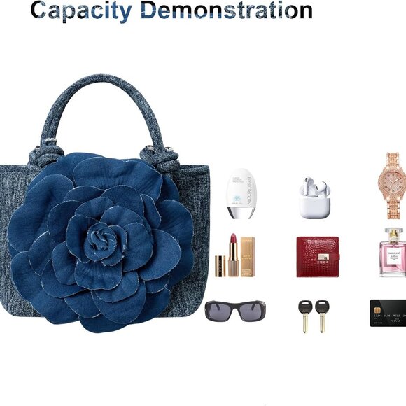 Women's Floral Denim Slim Crossbody Purse with Handmade Flower, Adjustable Strap - Picture 5 of 6